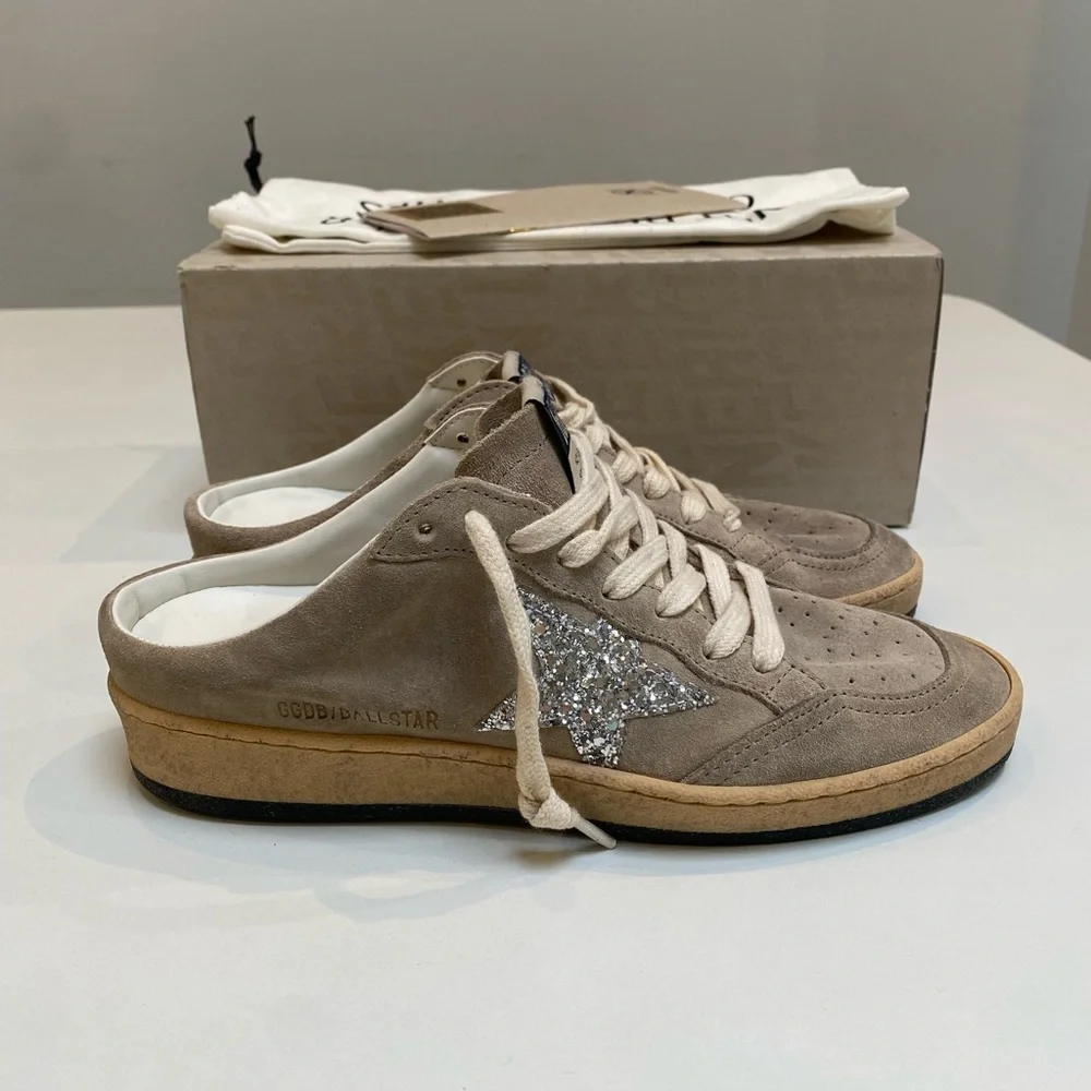 Golden Goose Ball Star Sabot Sneaker Taupe Suede/Silver Glitter sz 37 New in Box - Picture 2 of 11